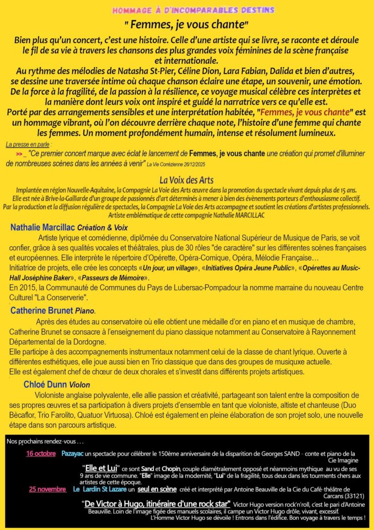 Flyer du concert Femmes, je vous chante à La Feuillade le 25.09.2026